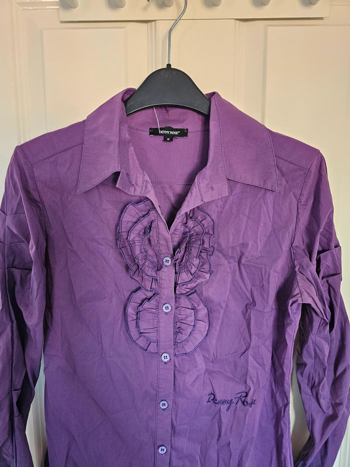 Denny Rose women ruffles front blouse frill long sleeve buttons slim shirt cotton blend purple S/8