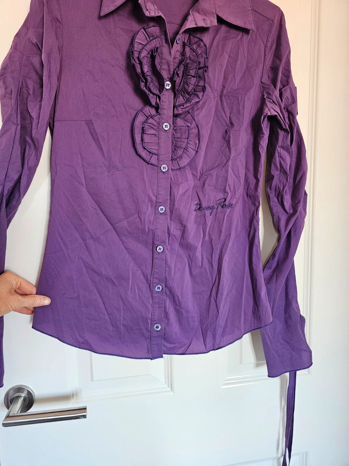 Denny Rose women ruffles front blouse frill long sleeve buttons slim shirt cotton blend purple S/8