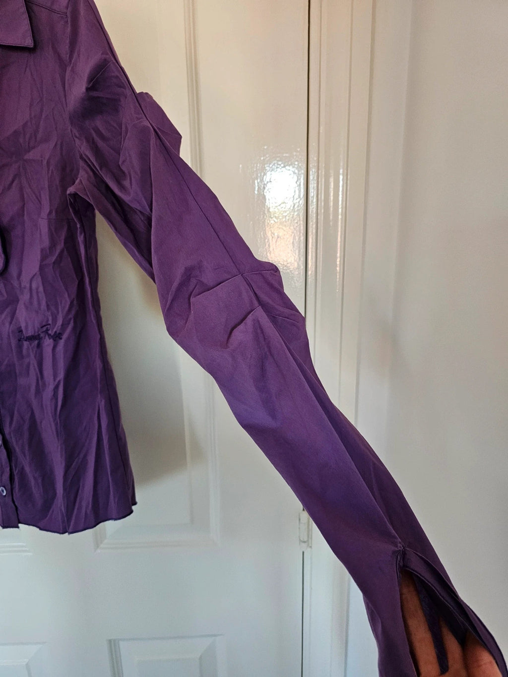 Denny Rose women ruffles front blouse frill long sleeve buttons slim shirt cotton blend purple S/8
