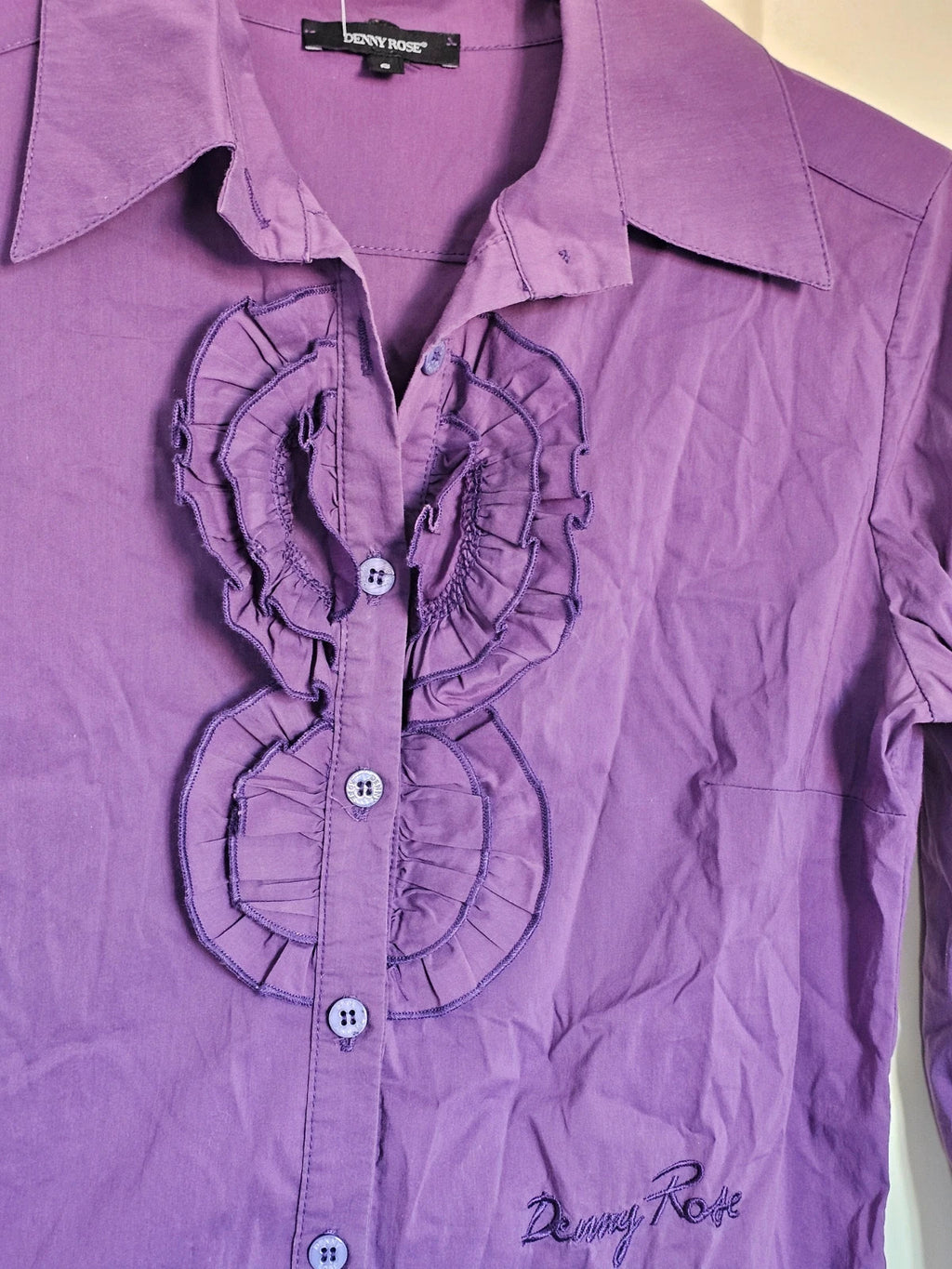 Denny Rose women ruffles front blouse frill long sleeve buttons slim shirt cotton blend purple S/8