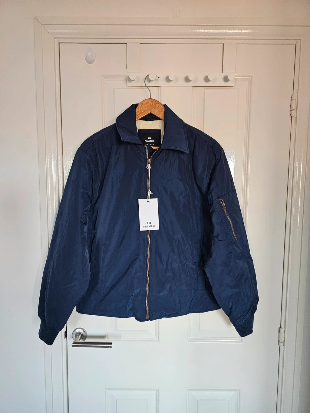 Pull&Bear Men Bomber jacket shirt collar neck zipper regular fit outer casual navy XS