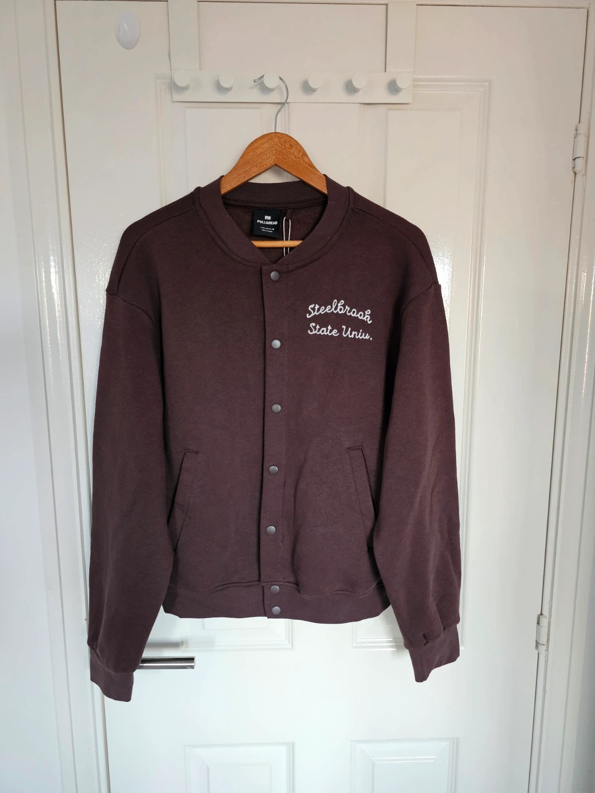 Pull&Bear men embroidered varsity jacket cotton blend bomber outer buttons brown S