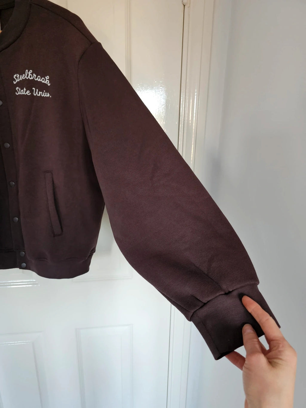 Pull&Bear men embroidered varsity jacket cotton blend bomber outer buttons brown S