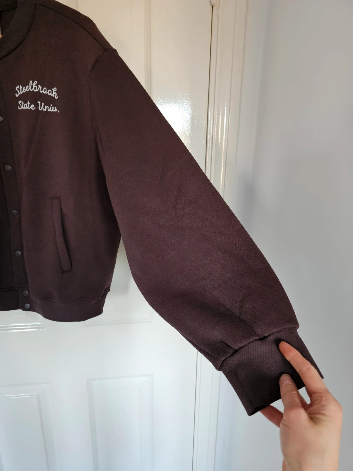 Pull&Bear men embroidered varsity jacket cotton blend bomber outer buttons brown S
