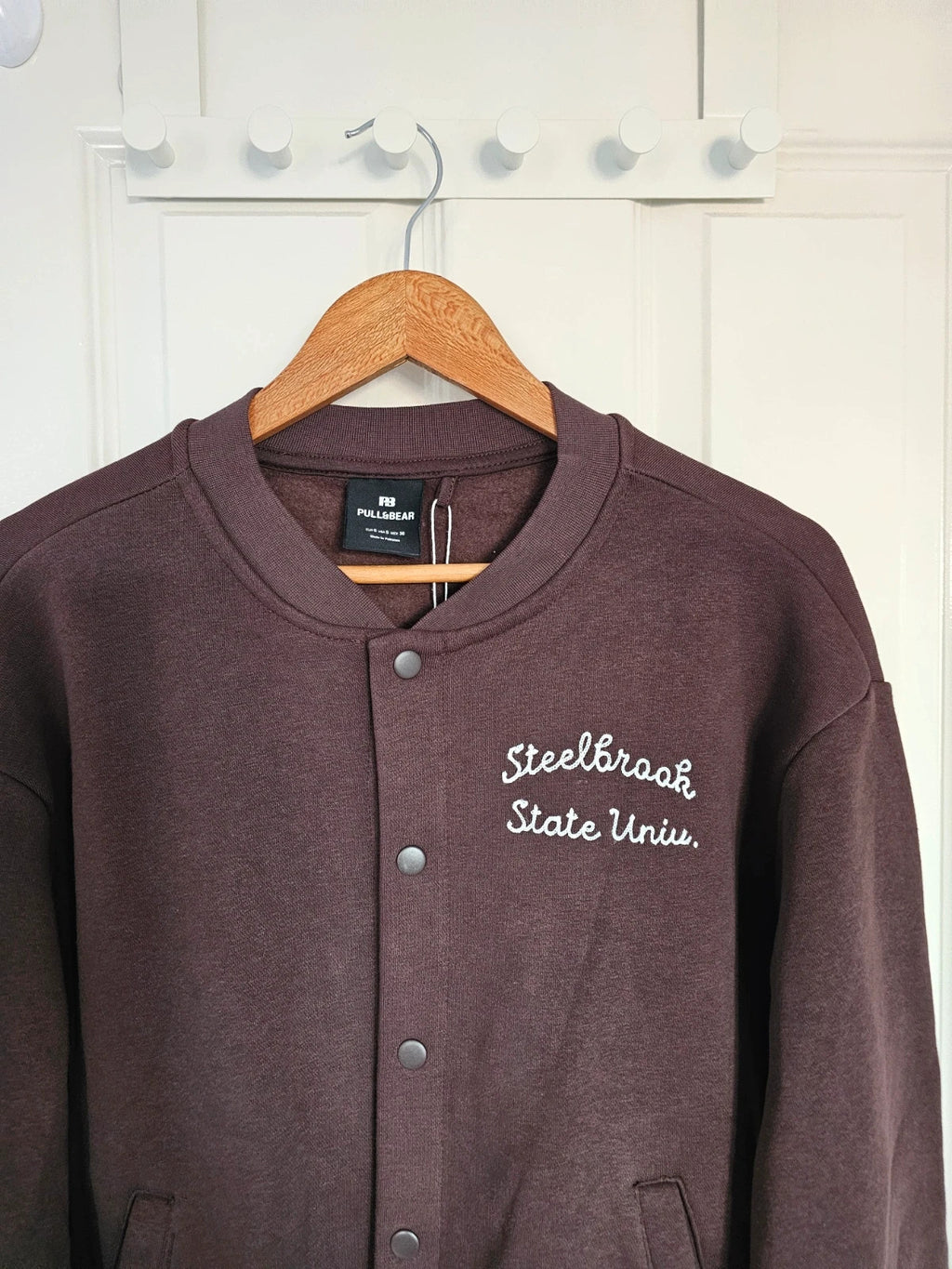 Pull&Bear men embroidered varsity jacket cotton blend bomber outer buttons brown S