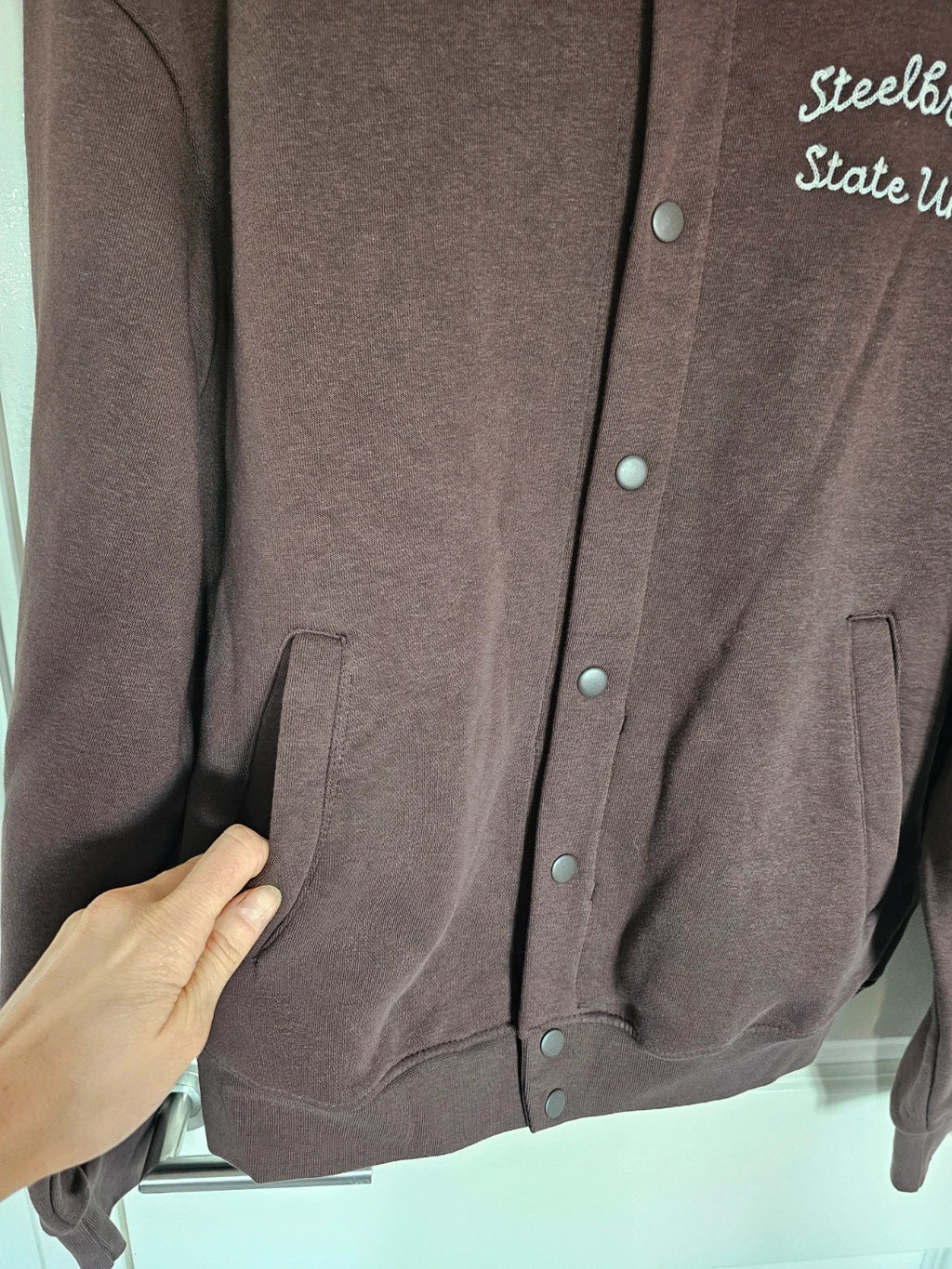 Pull&Bear men embroidered varsity jacket cotton blend bomber outer buttons brown S