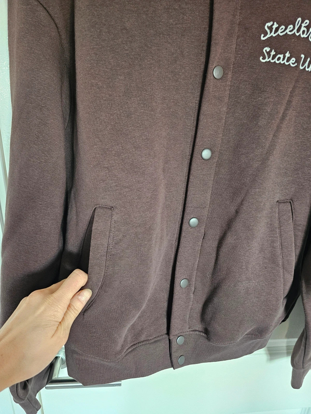 Pull&Bear men embroidered varsity jacket cotton blend bomber outer buttons brown S