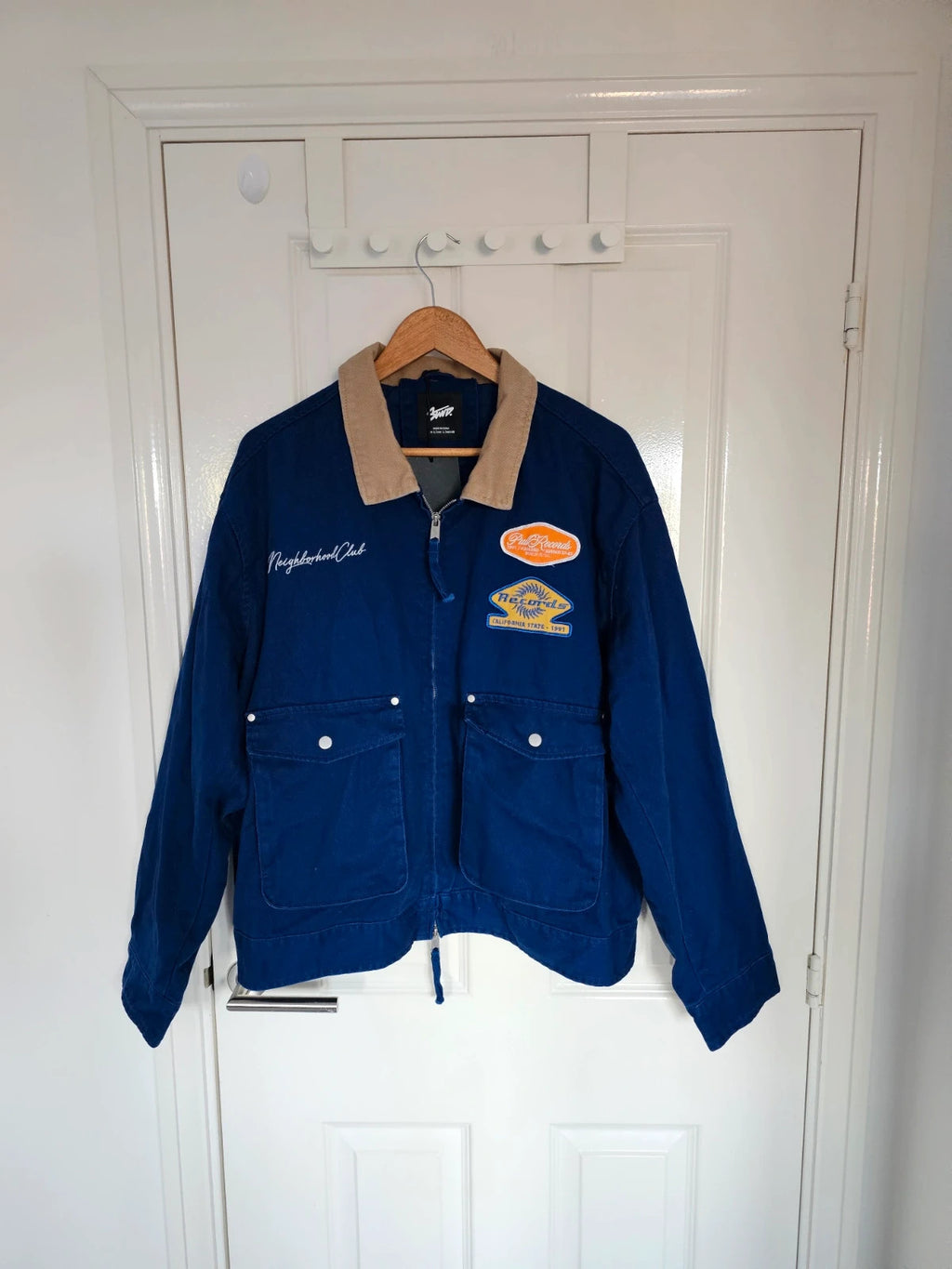 Pull&Bear Men's Blue Jacket Combined Collar & Patches Cotton Workwear Denim Bomber Varsity Outer L