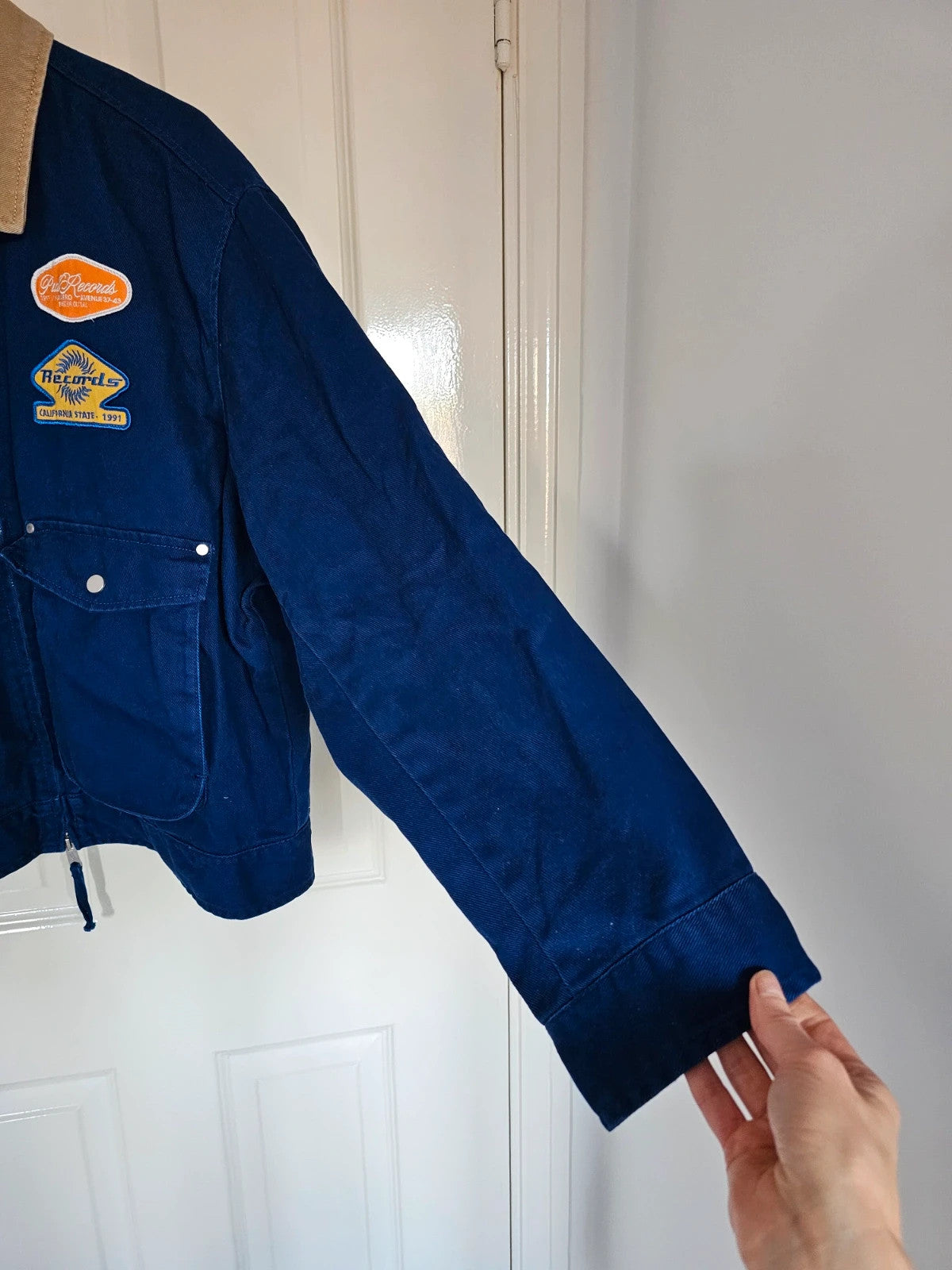 Pull&Bear Men's Blue Jacket Combined Collar & Patches Cotton Workwear Denim Bomber Varsity Outer L