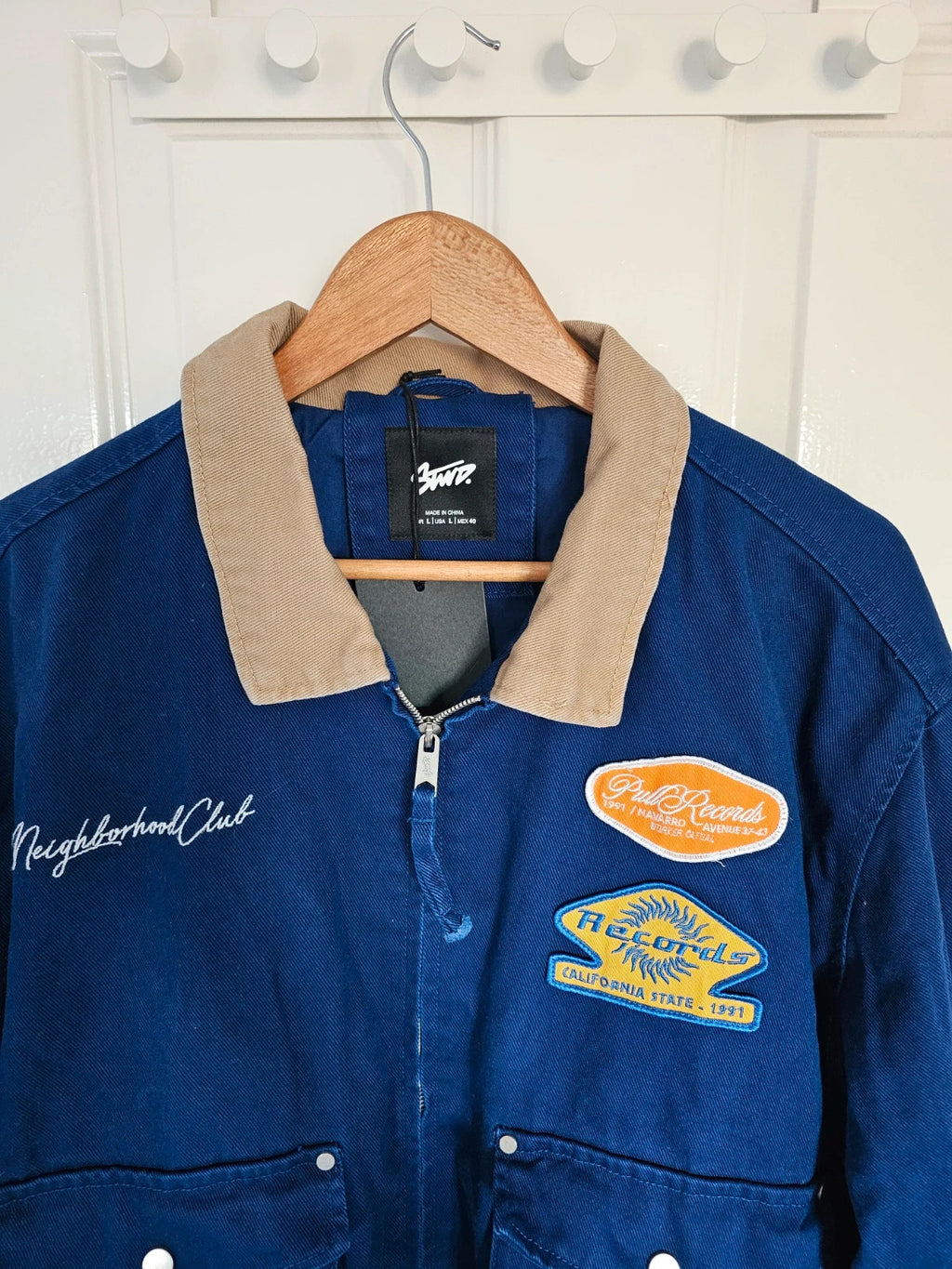 Pull&Bear Men's Blue Jacket Combined Collar & Patches Cotton Workwear Denim Bomber Varsity Outer L