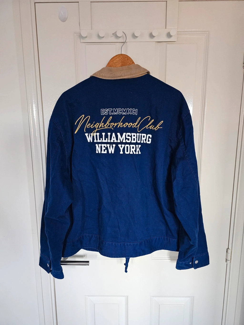 Pull&Bear Men's Blue Jacket Combined Collar & Patches Cotton Workwear Denim Bomber Varsity Outer L