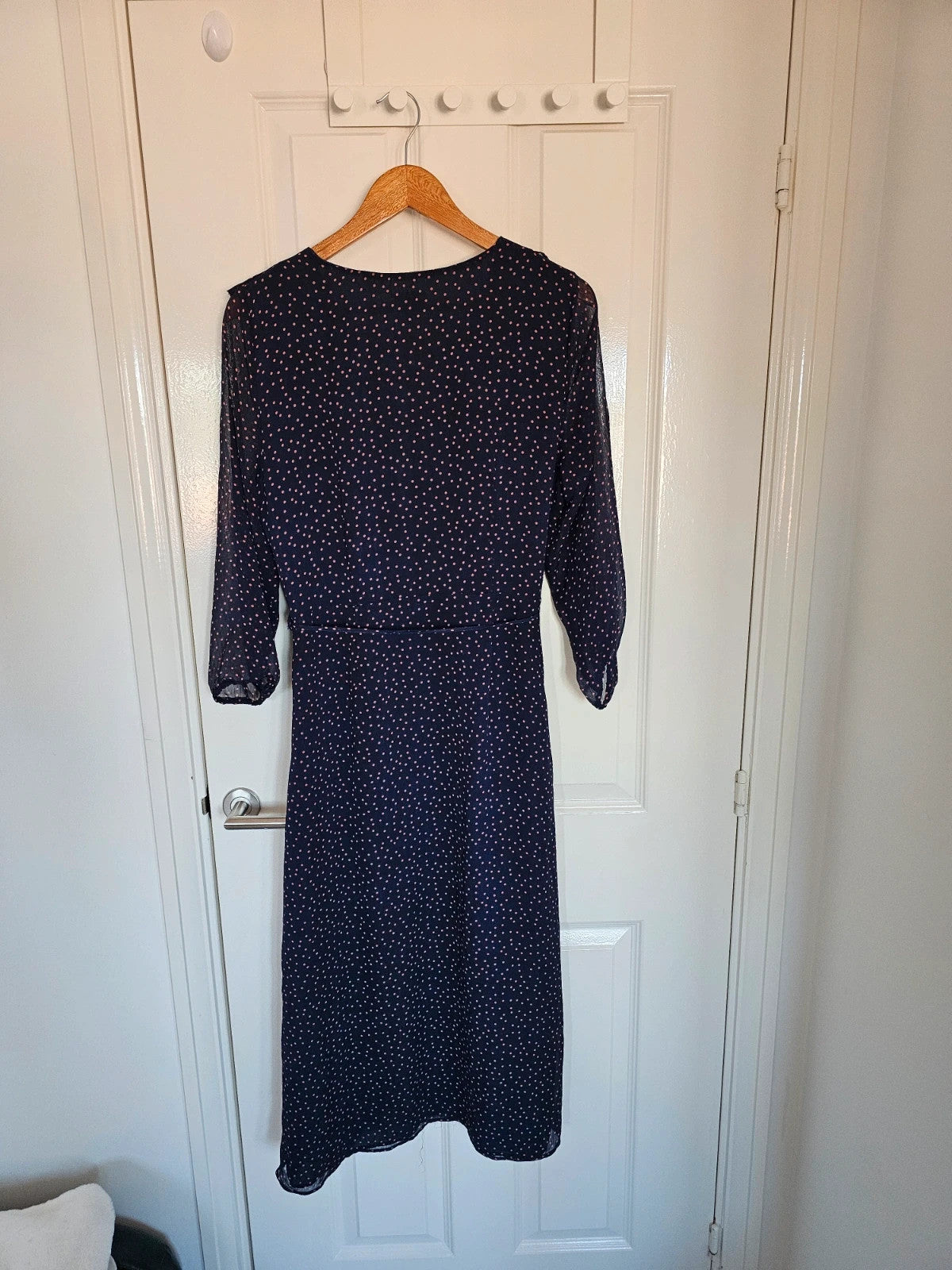 Oliver Bonas women long sleeve polka dot midi dress V-neck sheer ruffle belted navy/orange UK12