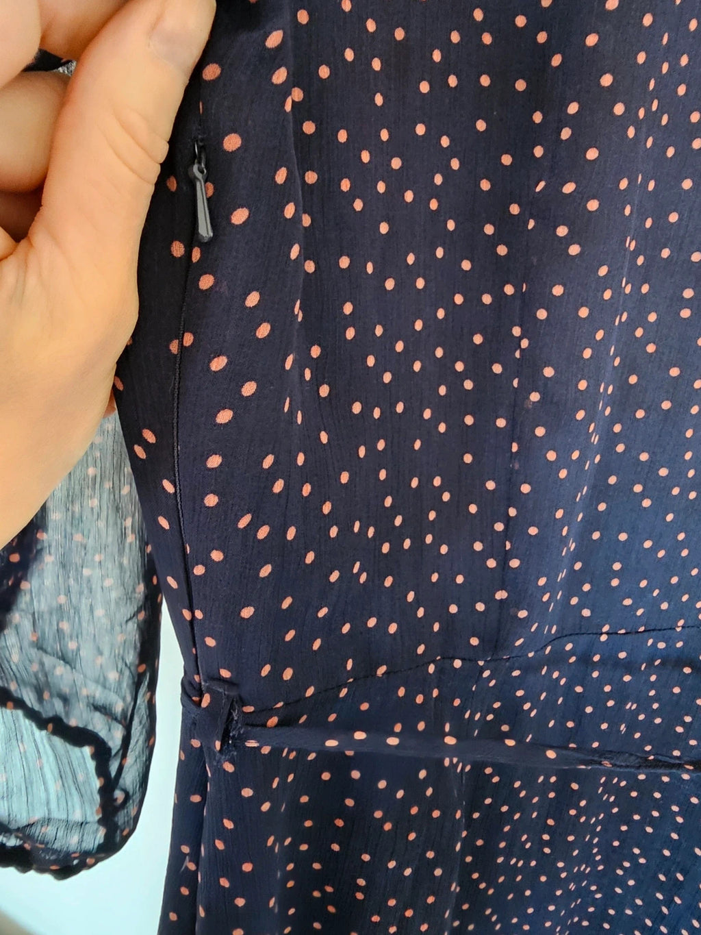 Oliver Bonas women long sleeve polka dot midi dress V-neck sheer ruffle belted navy/orange UK12