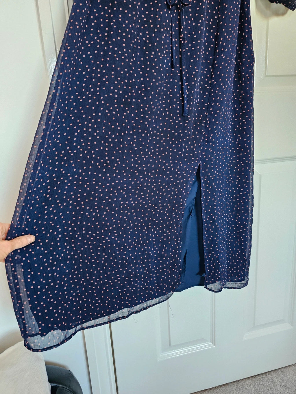Oliver Bonas women long sleeve polka dot midi dress V-neck sheer ruffle belted navy/orange UK12