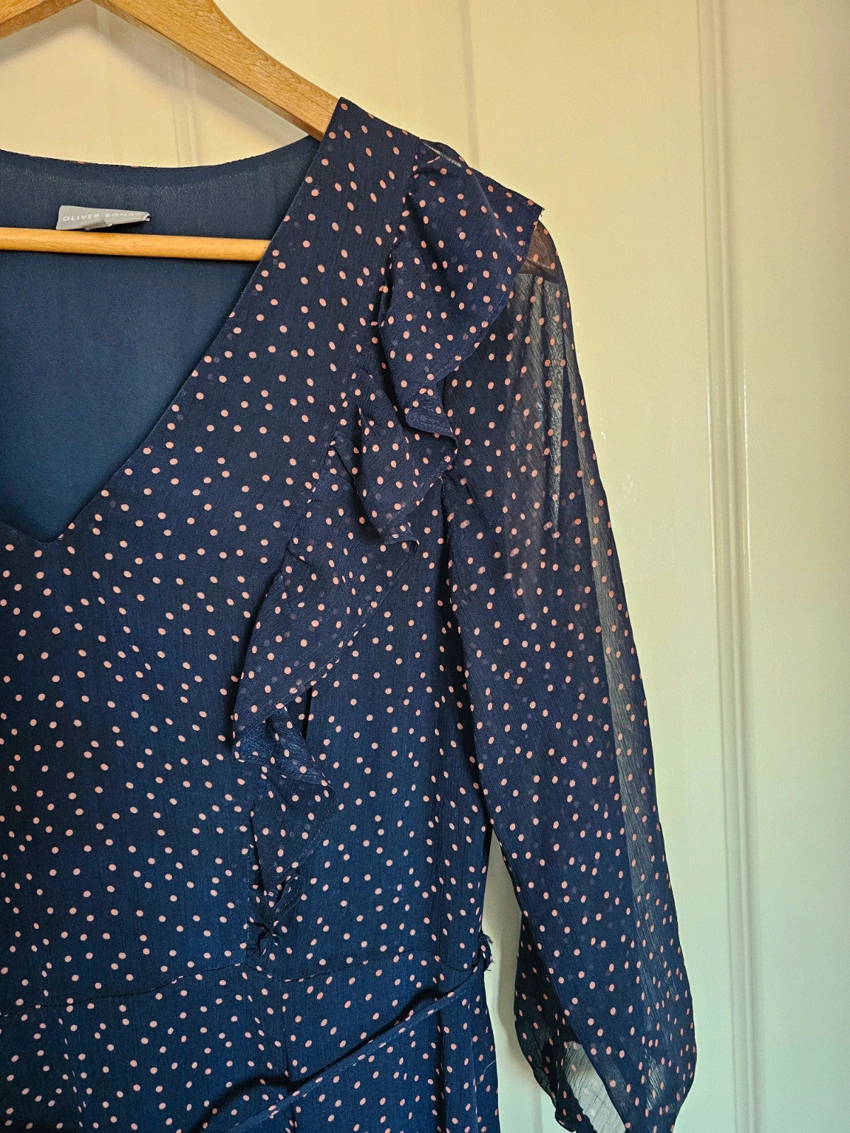 Oliver Bonas women long sleeve polka dot midi dress V-neck sheer ruffle belted navy/orange UK12