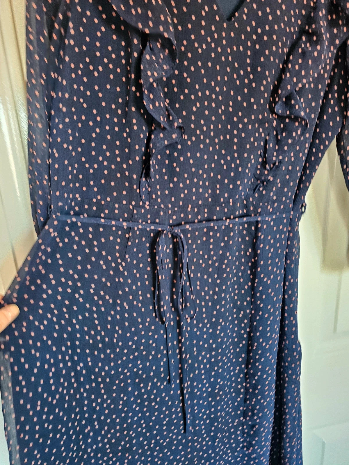 Oliver Bonas women long sleeve polka dot midi dress V-neck sheer ruffle belted navy/orange UK12