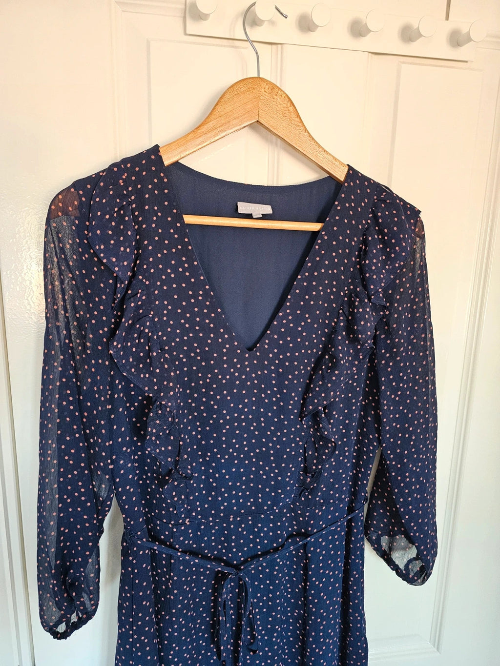 Oliver Bonas women long sleeve polka dot midi dress V-neck sheer ruffle belted navy/orange UK12