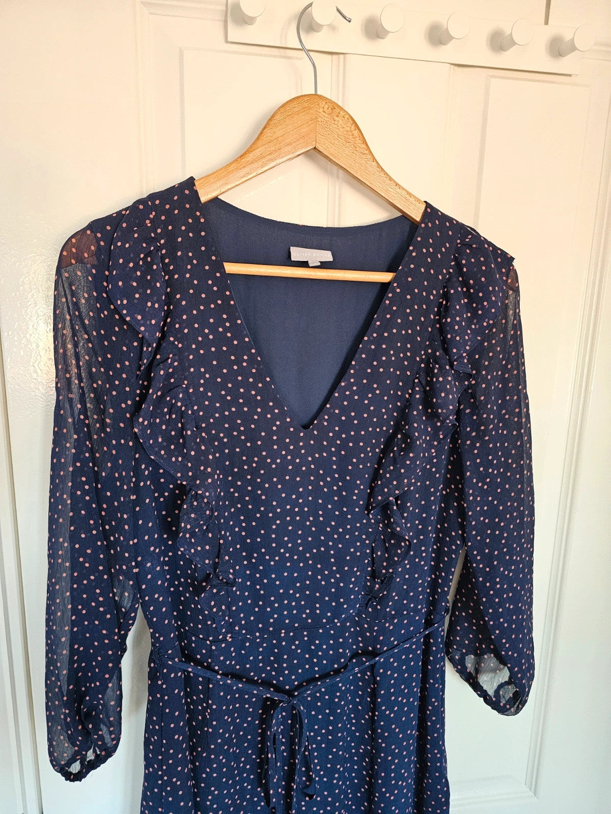 Oliver Bonas women long sleeve polka dot midi dress V-neck sheer ruffle belted navy/orange UK12