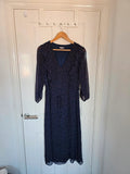 Oliver Bonas women long sleeve polka dot midi dress V-neck sheer ruffle belted navy/orange UK12