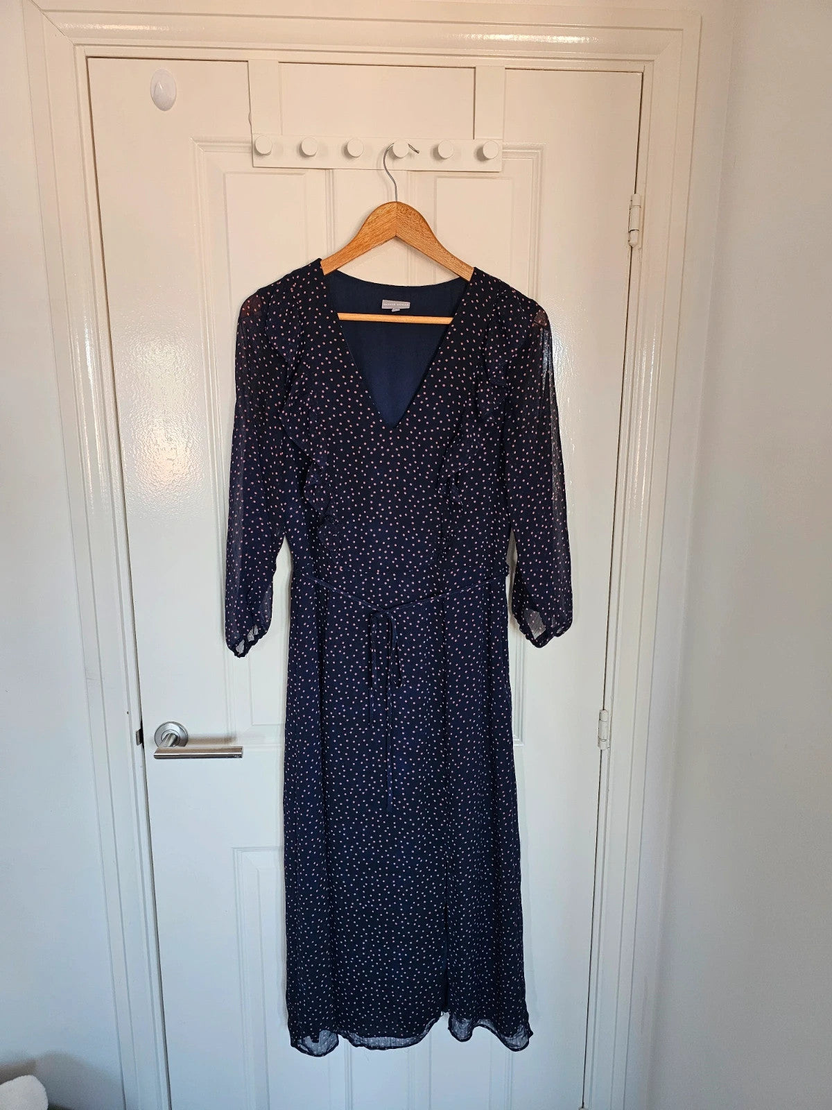 Oliver Bonas women long sleeve polka dot midi dress V-neck sheer ruffle belted navy/orange UK12