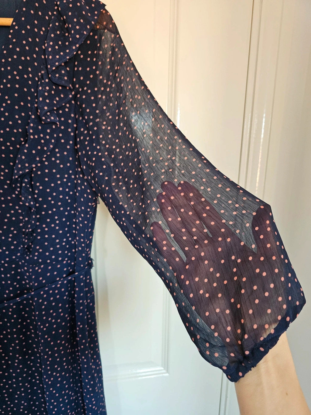 Oliver Bonas women long sleeve polka dot midi dress V-neck sheer ruffle belted navy/orange UK12