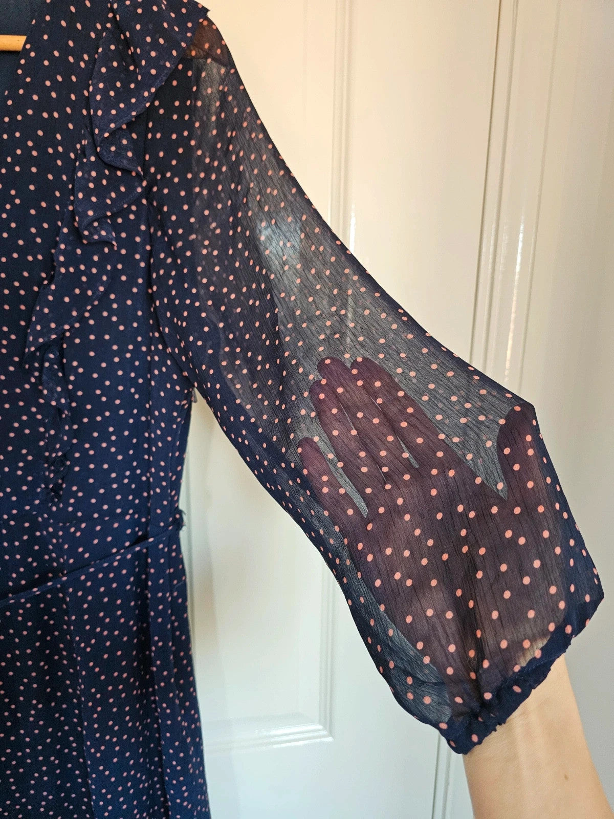 Oliver Bonas women long sleeve polka dot midi dress V-neck sheer ruffle belted navy/orange UK12
