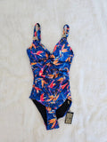 Biba women tropical splash one piece swimsuit V-neck twist front tummy control swimwear blue S/UK8