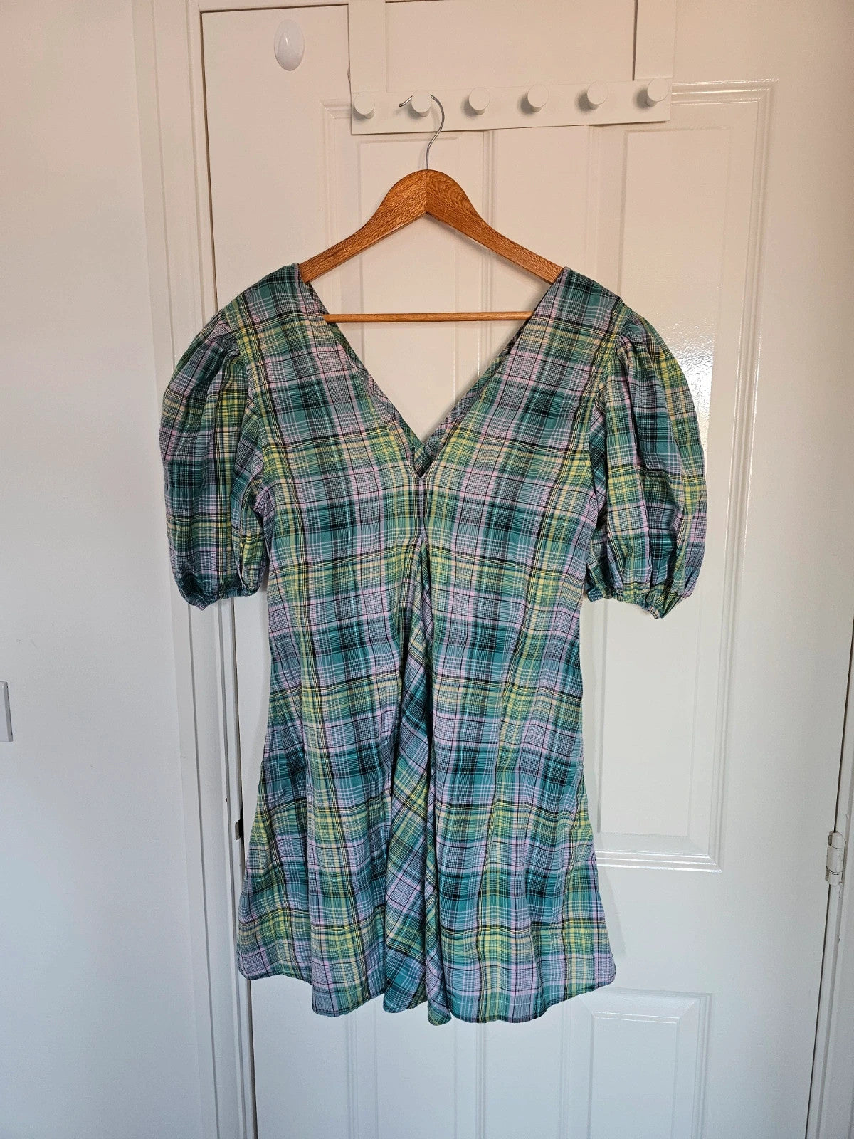 Ganni women Seersucker Check V-Neck Mini Dress Short Puff Sleeve Cotton Blend S/8/36