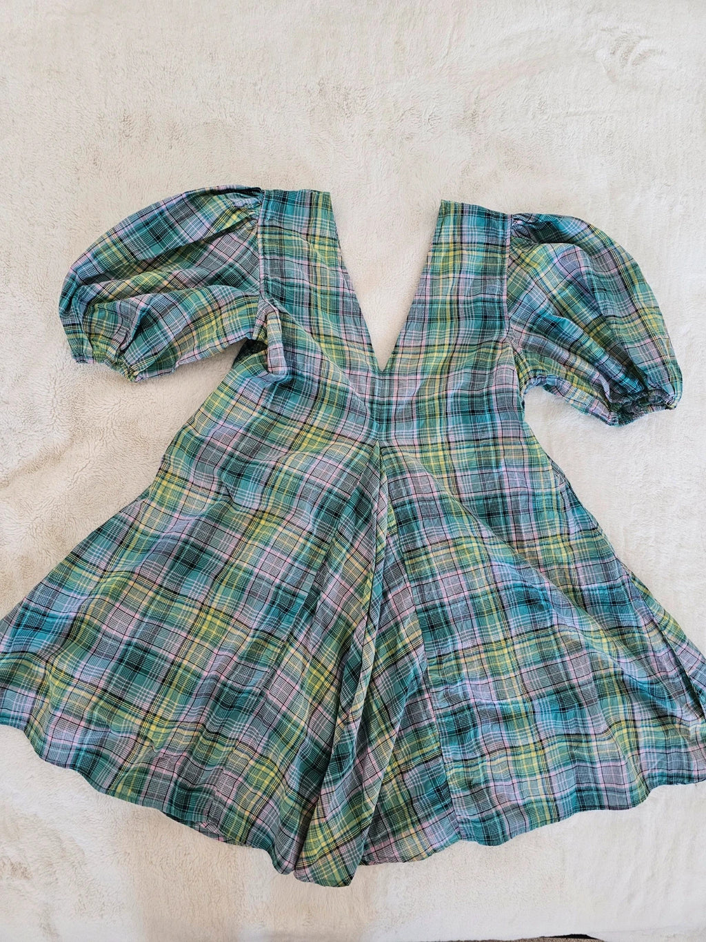Ganni women Seersucker Check V-Neck Mini Dress Short Puff Sleeve Cotton Blend S/8/36