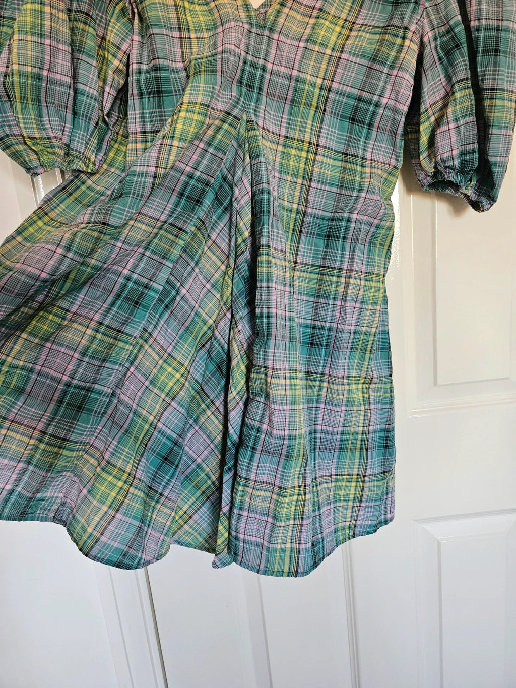 Ganni women Seersucker Check V-Neck Mini Dress Short Puff Sleeve Cotton Blend S/8/36
