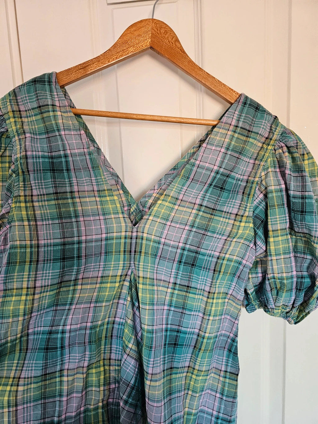 Ganni women Seersucker Check V-Neck Mini Dress Short Puff Sleeve Cotton Blend S/8/36