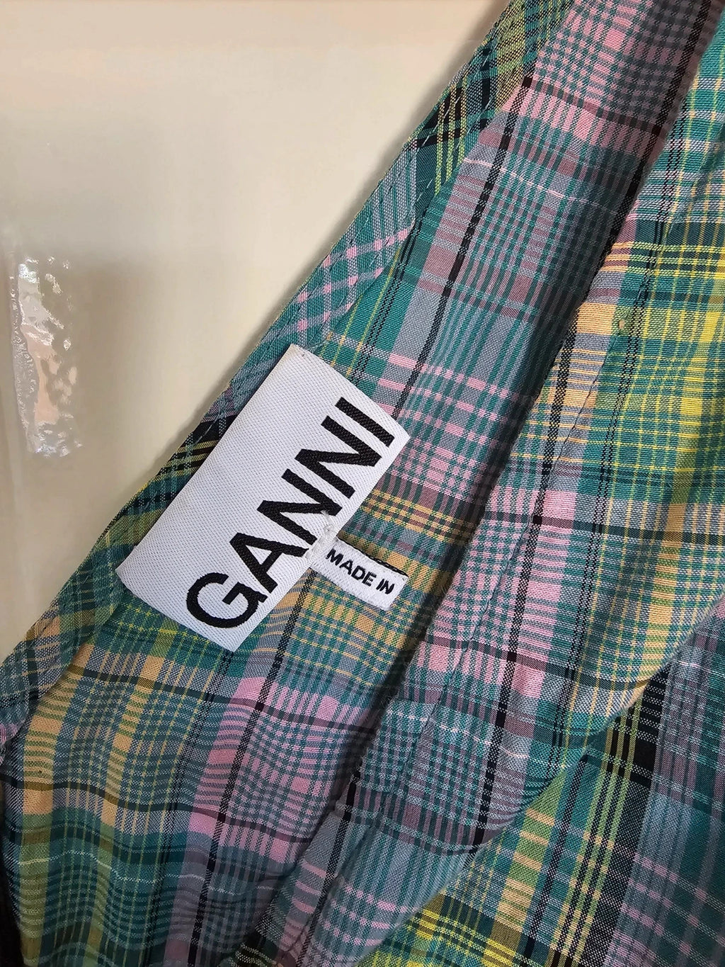Ganni women Seersucker Check V-Neck Mini Dress Short Puff Sleeve Cotton Blend S/8/36