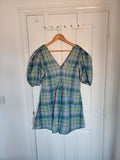 Ganni women Seersucker Check V-Neck Mini Dress Short Puff Sleeve Cotton Blend S/8/36
