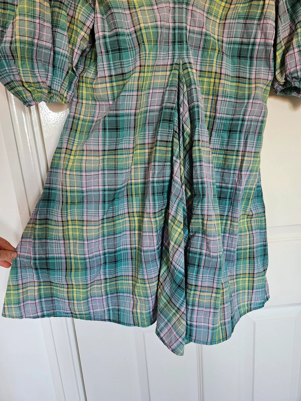 Ganni women Seersucker Check V-Neck Mini Dress Short Puff Sleeve Cotton Blend S/8/36
