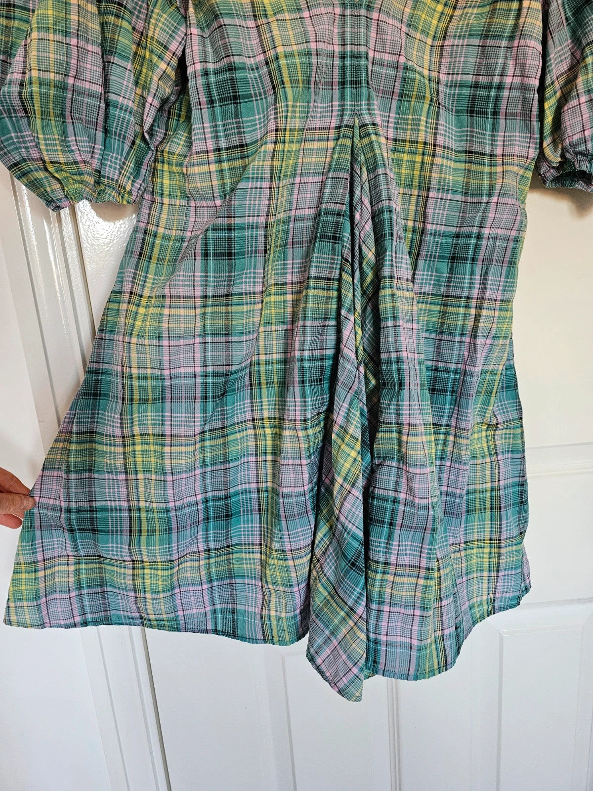 Ganni women Seersucker Check V-Neck Mini Dress Short Puff Sleeve Cotton Blend S/8/36