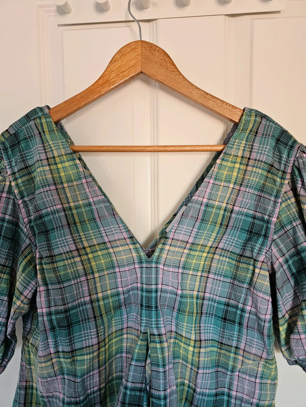 Ganni women Seersucker Check V-Neck Mini Dress Short Puff Sleeve Cotton Blend S/8/36