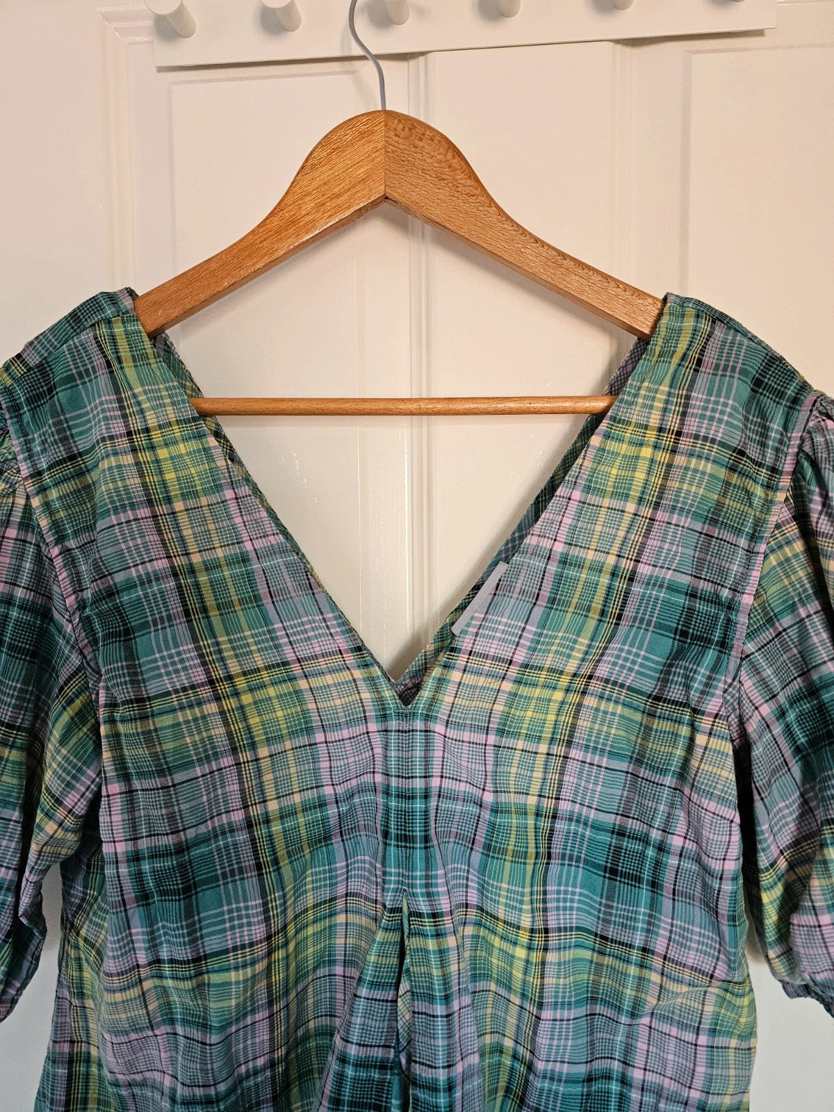 Ganni women Seersucker Check V-Neck Mini Dress Short Puff Sleeve Cotton Blend S/8/36