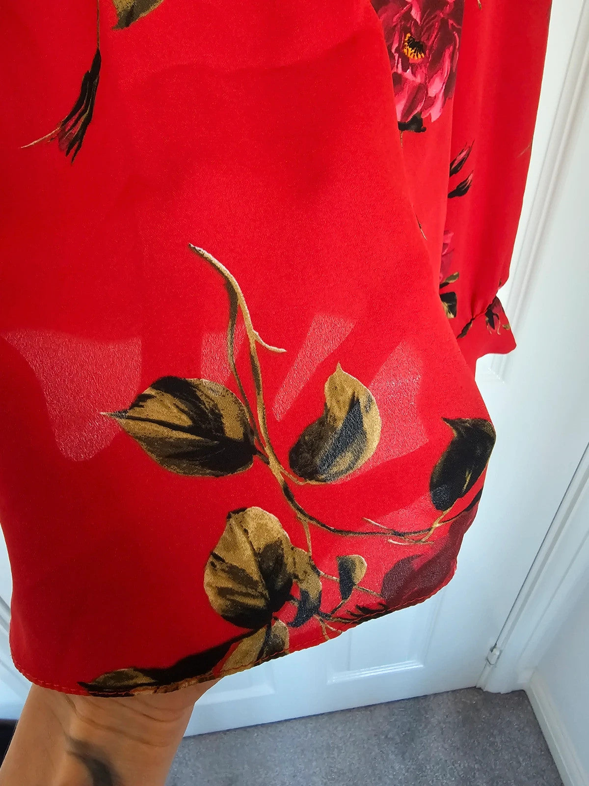 Dorothy Perkins women chiffon long sleeve blouse floral design high neck elegant red shirt S/UK8