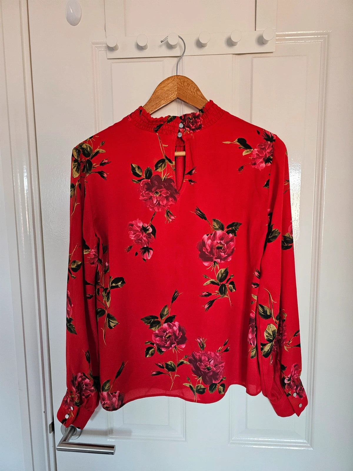 Dorothy Perkins women chiffon long sleeve blouse floral design high neck elegant red shirt S/UK8