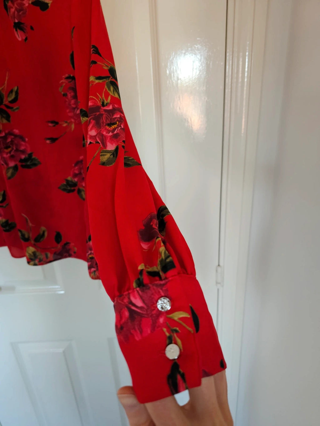 Dorothy Perkins women chiffon long sleeve blouse floral design high neck elegant red shirt S/UK8