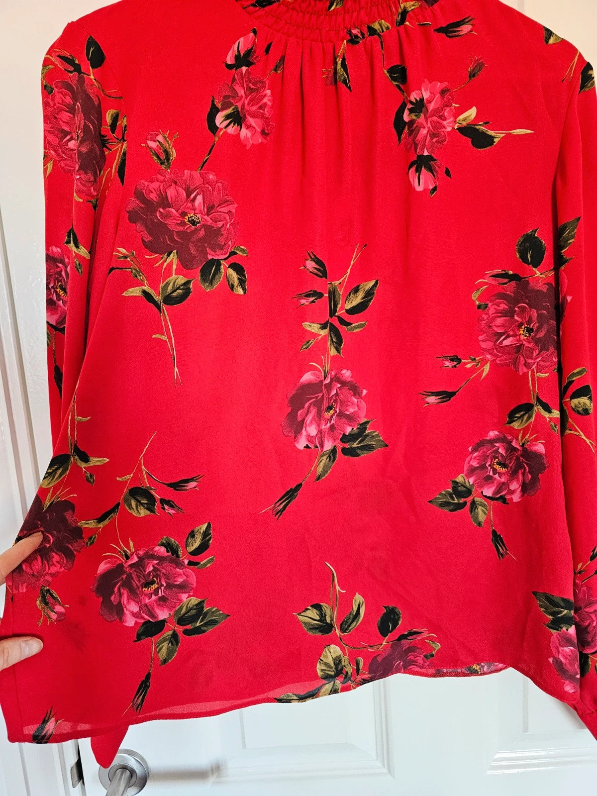 Dorothy Perkins women chiffon long sleeve blouse floral design high neck elegant red shirt S/UK8