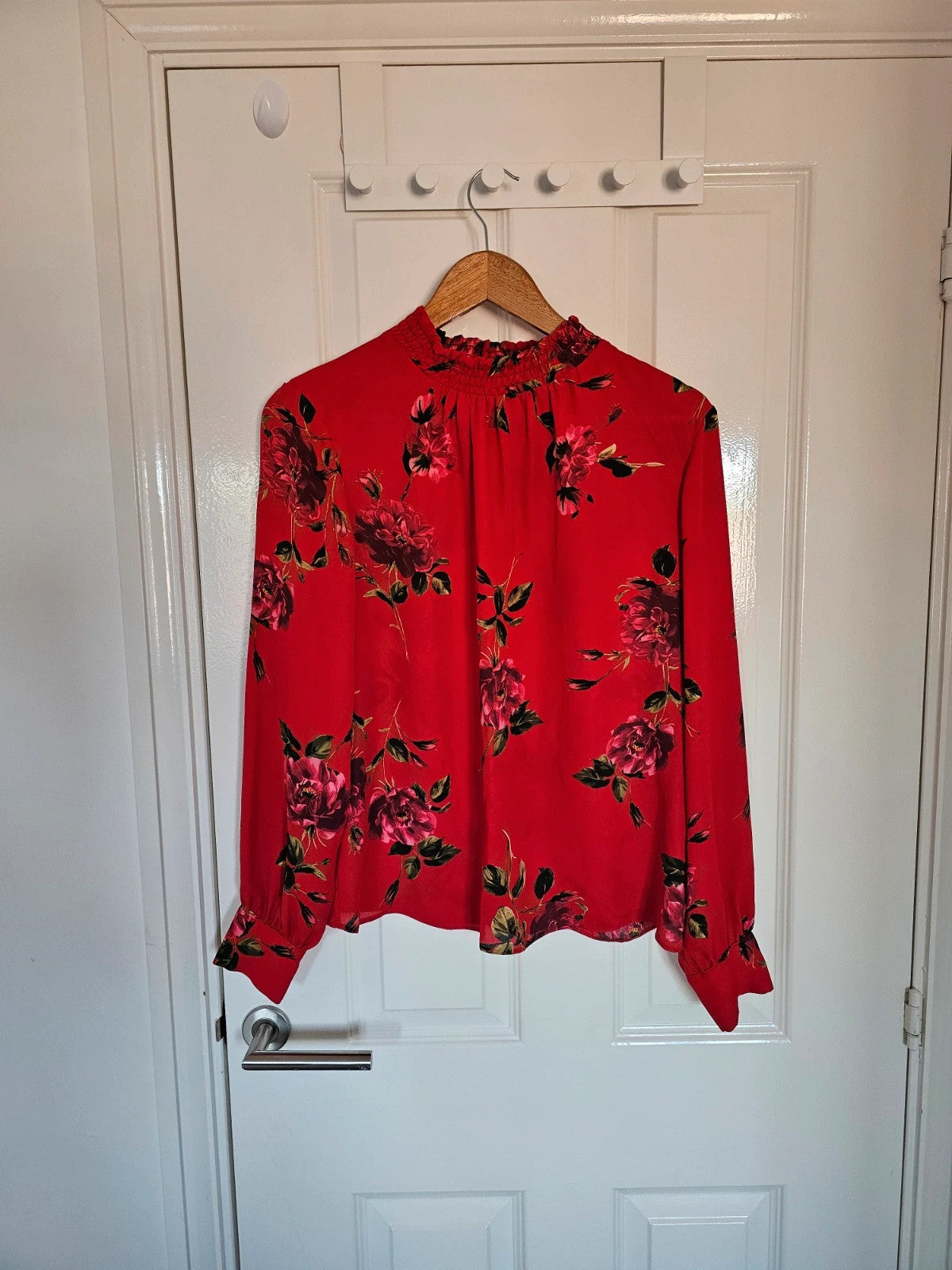 Dorothy Perkins women chiffon long sleeve blouse floral design high neck elegant red shirt S/UK8