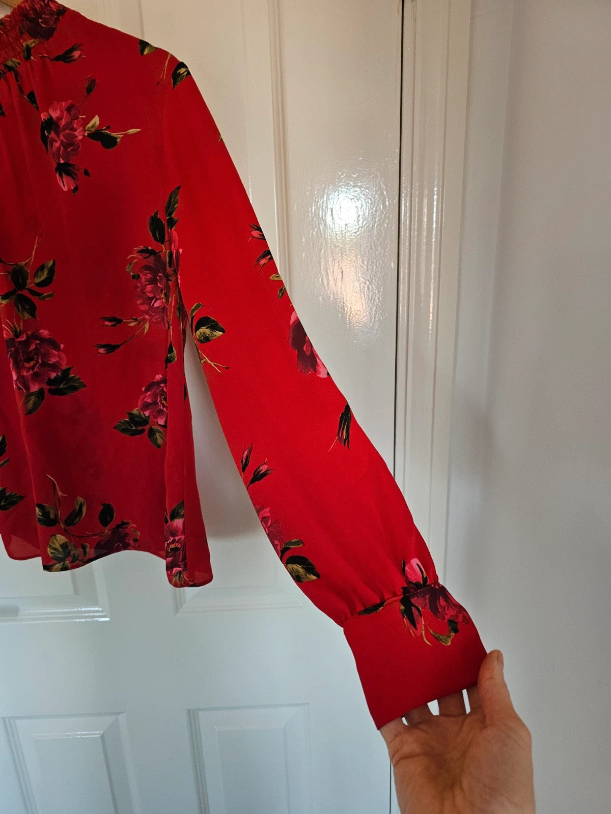 Dorothy Perkins women chiffon long sleeve blouse floral design high neck elegant red shirt S/UK8
