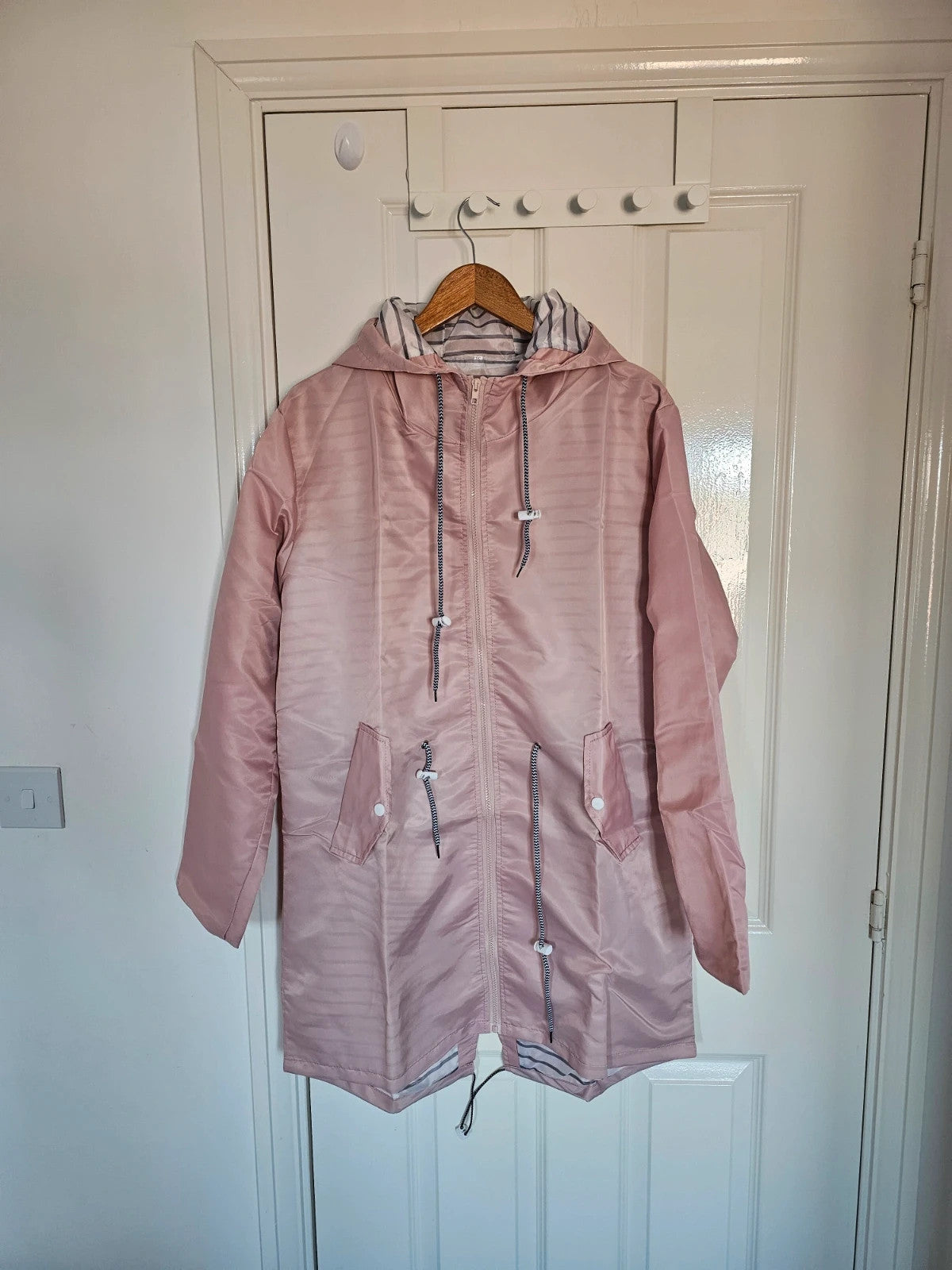 Generic women long raincoat parka hooded drawstring zipper lightweight outer rose L/12