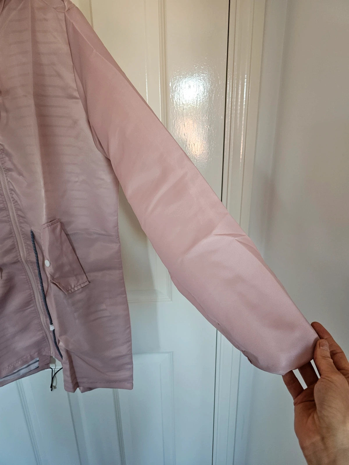 Generic women long raincoat parka hooded drawstring zipper lightweight outer rose L/12