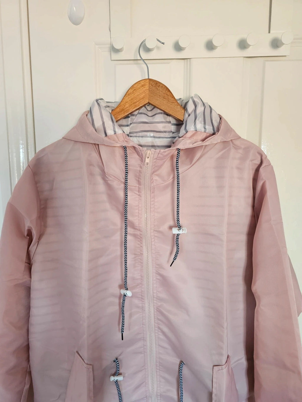 Generic women long raincoat parka hooded drawstring zipper lightweight outer rose L/12
