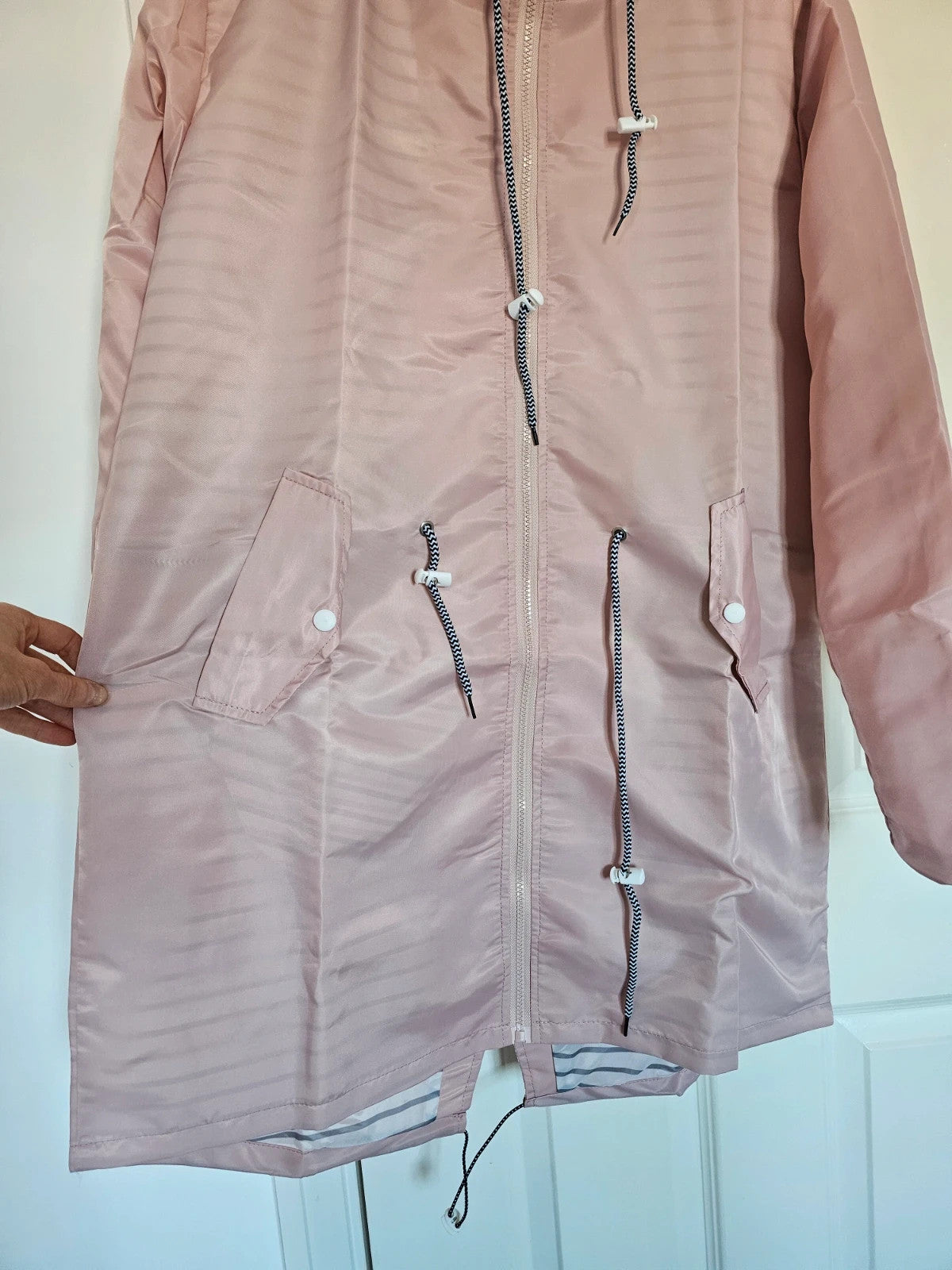 Generic women long raincoat parka hooded drawstring zipper lightweight outer rose L/12