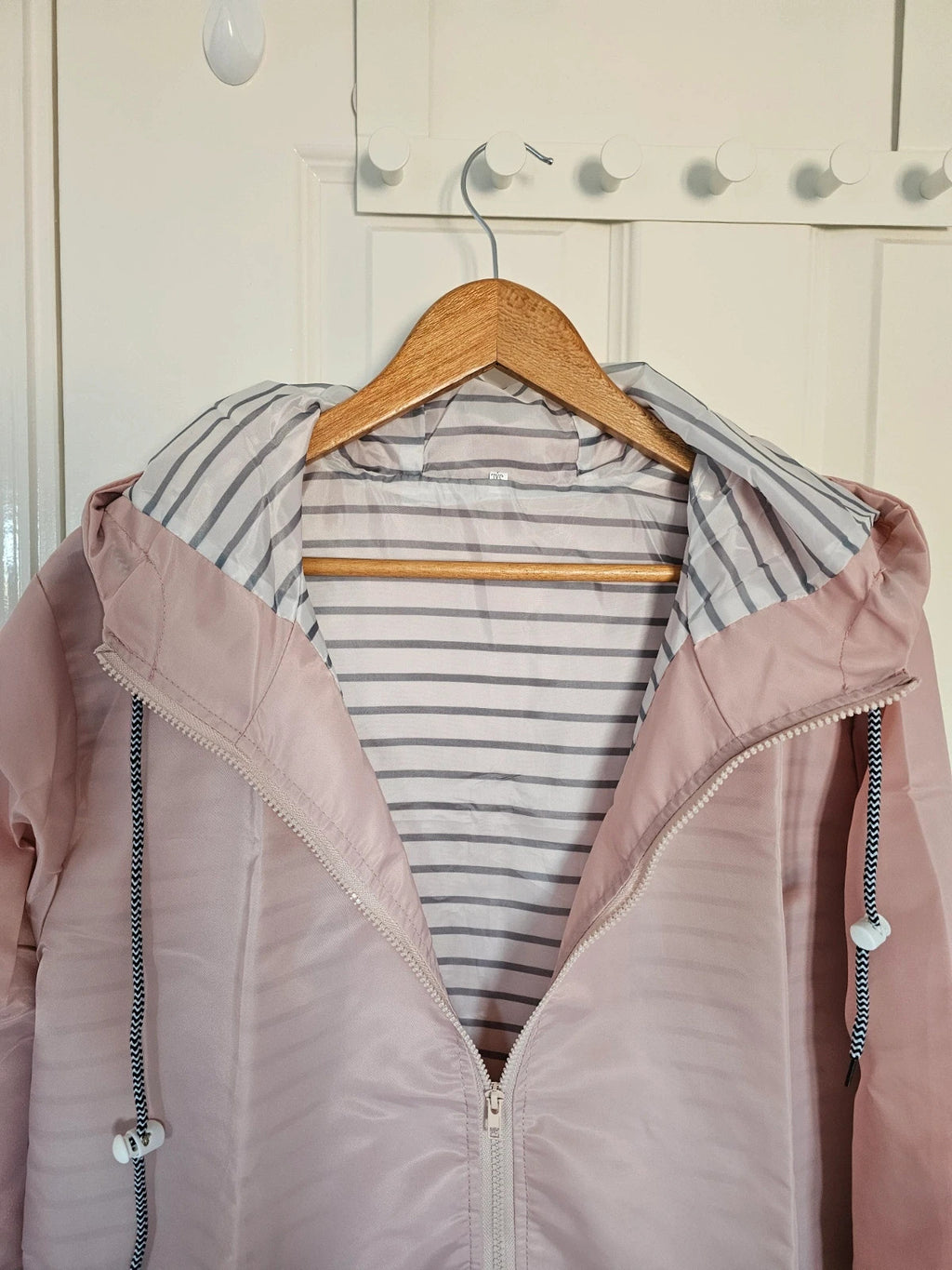 Generic women long raincoat parka hooded drawstring zipper lightweight outer rose L/12