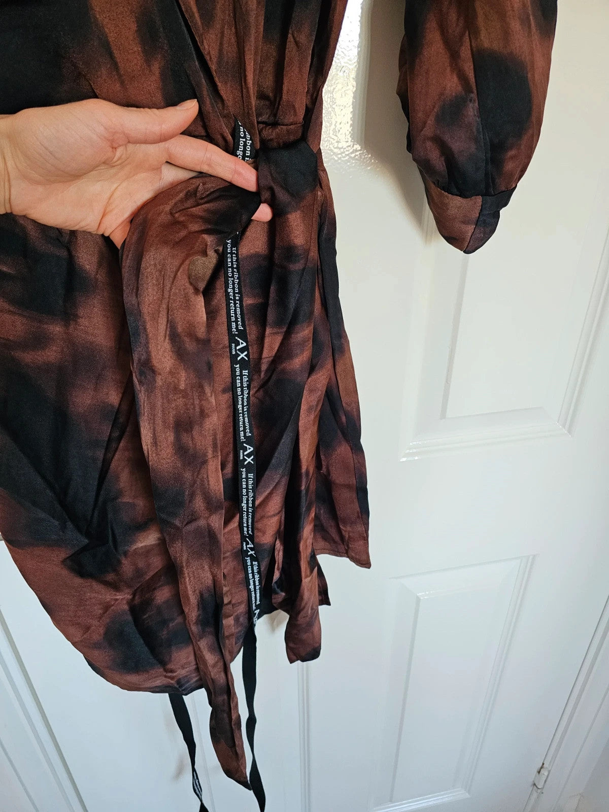 AX Paris Women Brown & Black Smudge Print Wrap Shirt Mini Dress 3/4 Sleeves Silk Feel XL/14