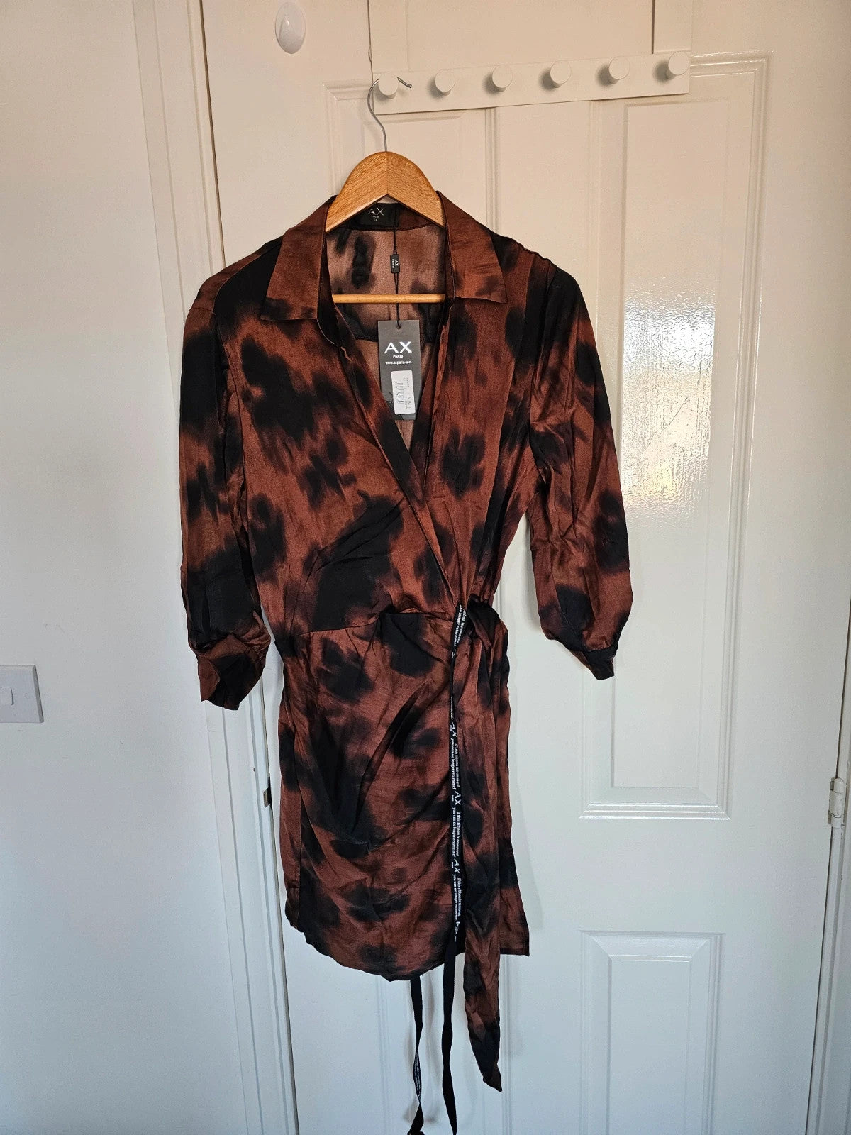 AX Paris Women Brown & Black Smudge Print Wrap Shirt Mini Dress 3/4 Sleeves Silk Feel XL/14